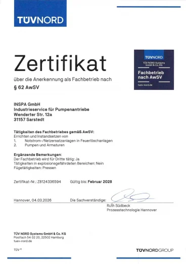 INSPA Anerkennung Fachbetrieb Nach AwSV Durch TUEV Nord